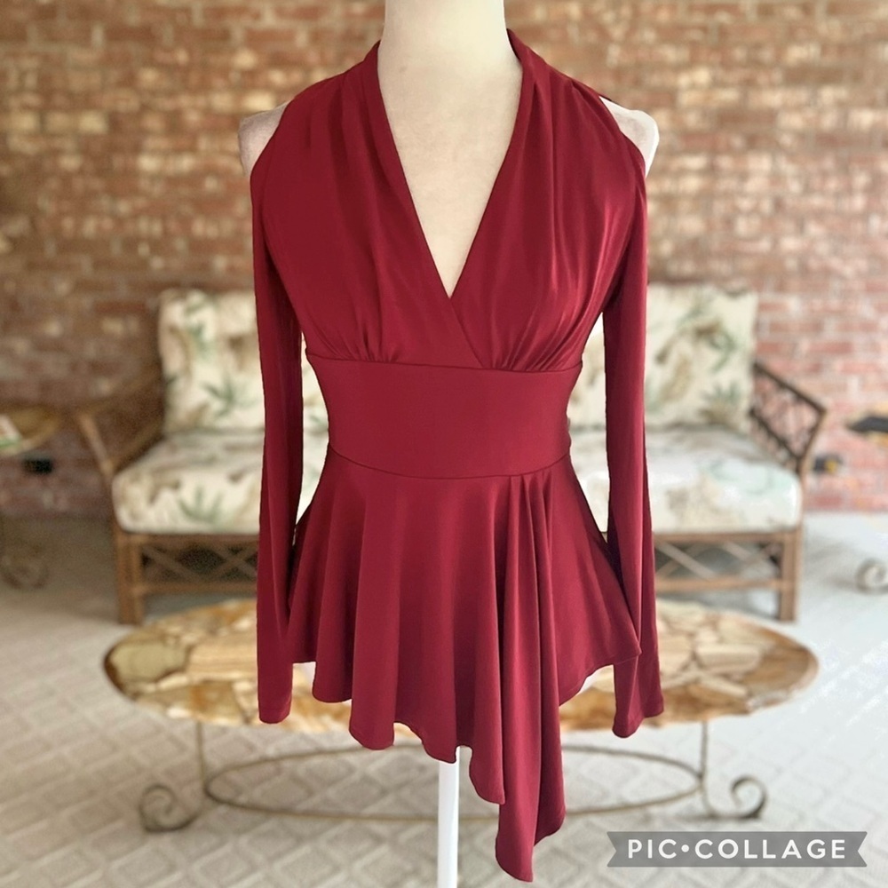 Boston Proper Top Cold Shoulder Brick Red Peplum Asymmetrical Hem XS Chic Party